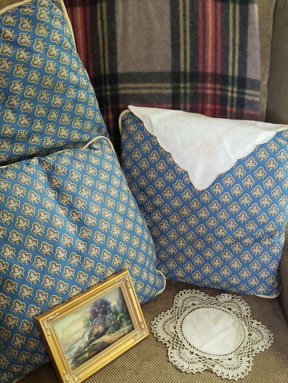 Vintage Cottagecore Blue Floral Decorative Pillows Set Of Three.